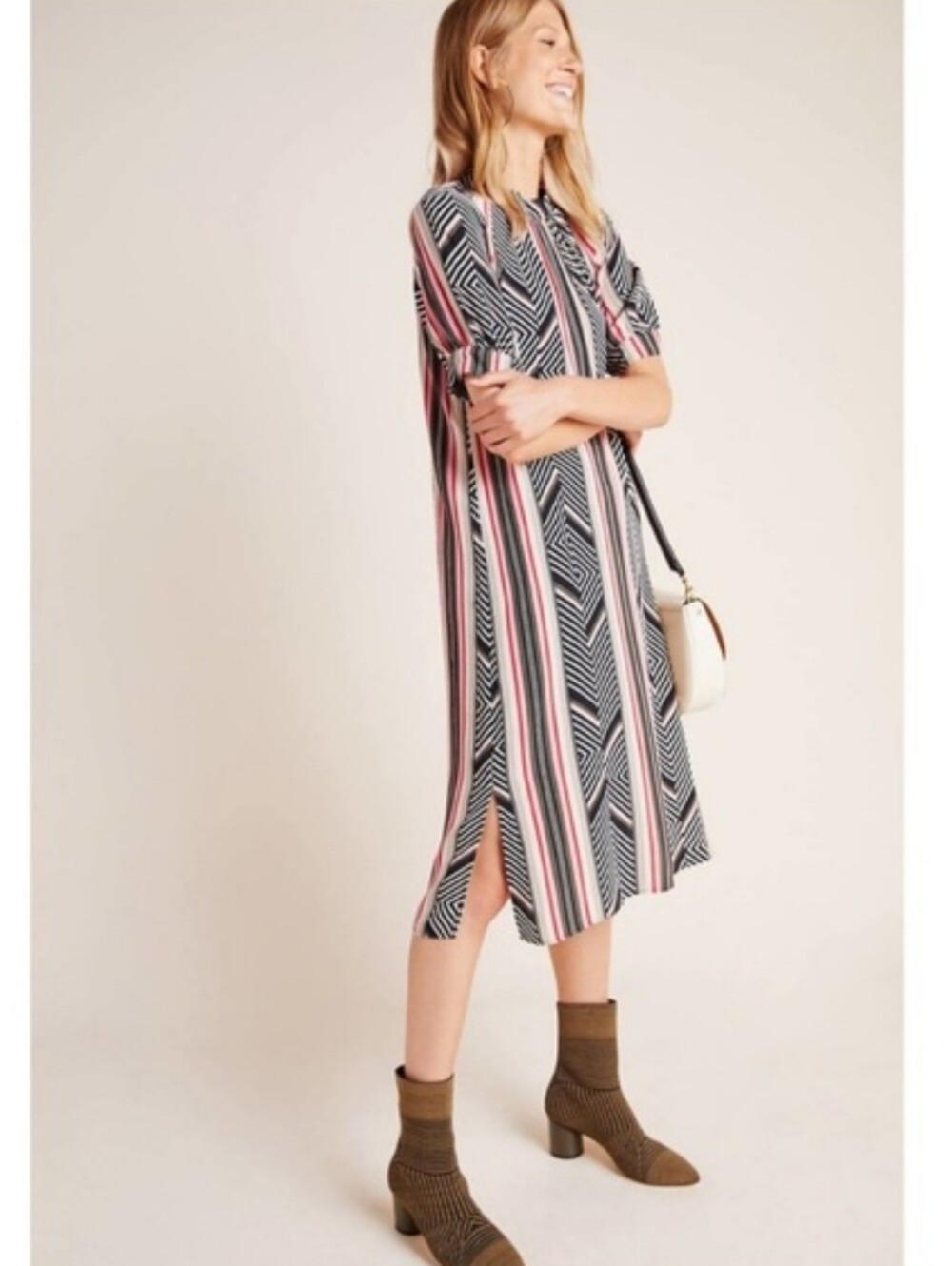 Anthropologie McKenzie Mock Neck Black, Pink and White Striped Maxi Dress
